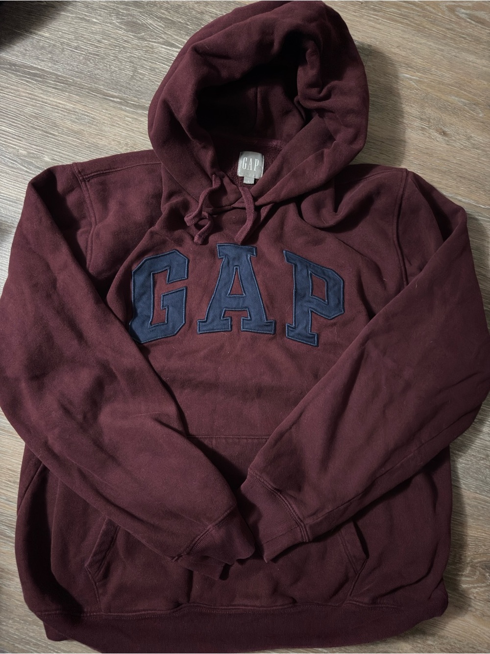 GAP Men's Burgundy Pullover Hoodie with Navy Lettering